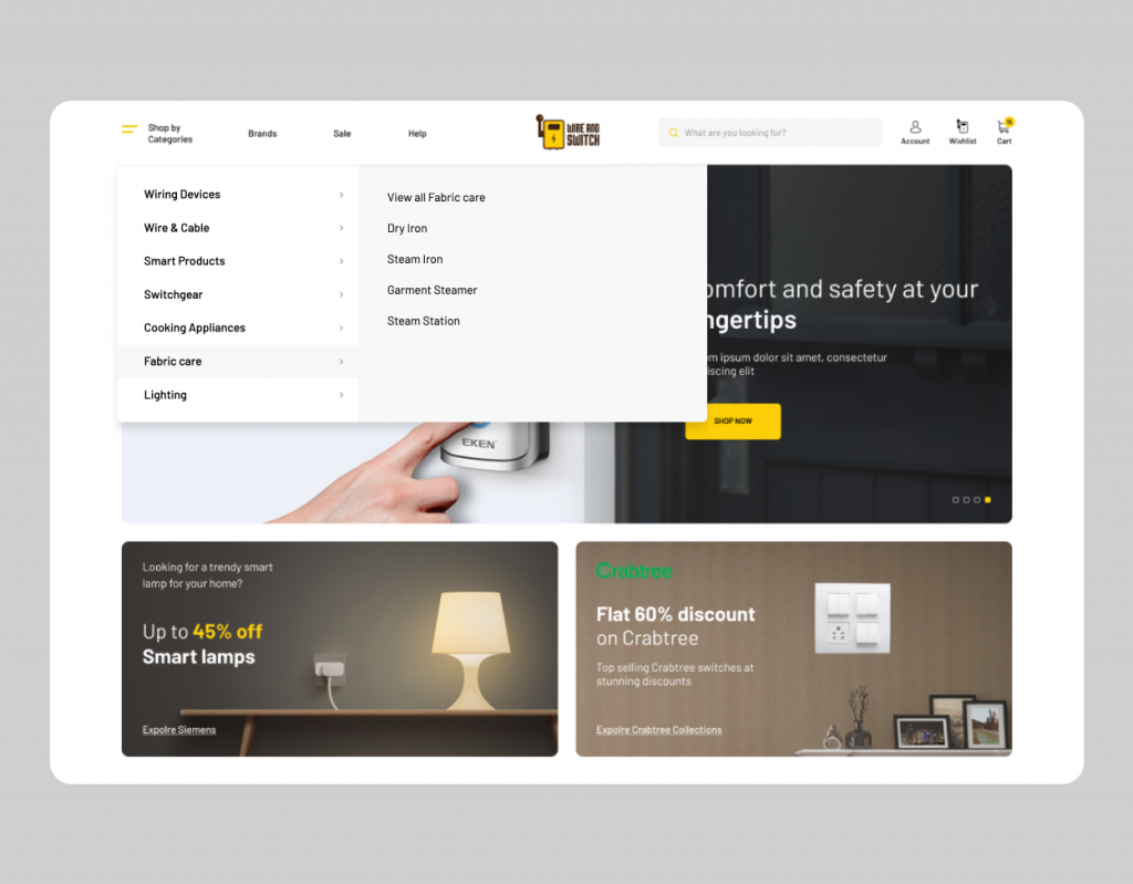 Electrical ecommerce website menu for a store (information architecture)