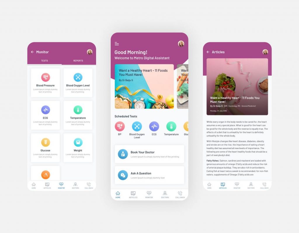 some screens from a healthcare application