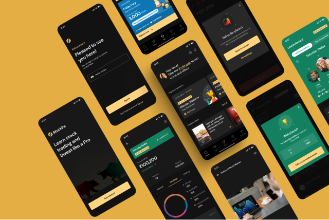 mobile screens of a stock market learning app