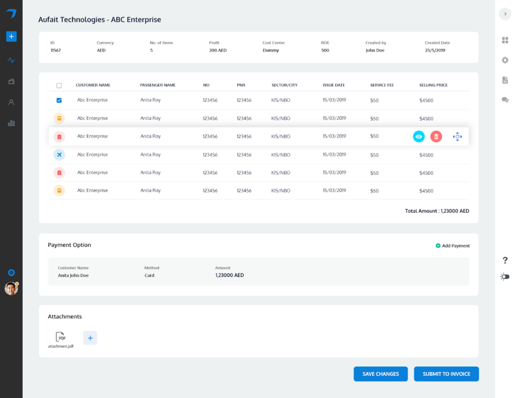 CRM dashboard showing customer transactions and invoices