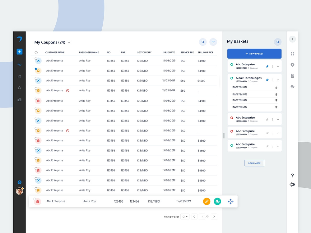 CRM dashboard showing coupons list and baskets panel