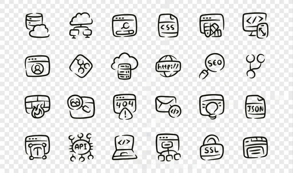 Hand-drawn web dev icons set