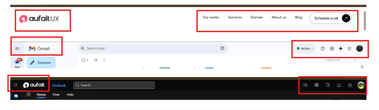 Consistency and standards across the interfaces of Aufait UX, Gmail, and Outlook.