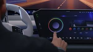 A person interacts with a BMW’s advanced in-car touchscreen interface, adjusting ambient lighting through a color wheel, exemplifying the brand’s seamless and intuitive HMI design in modern automotive technology.