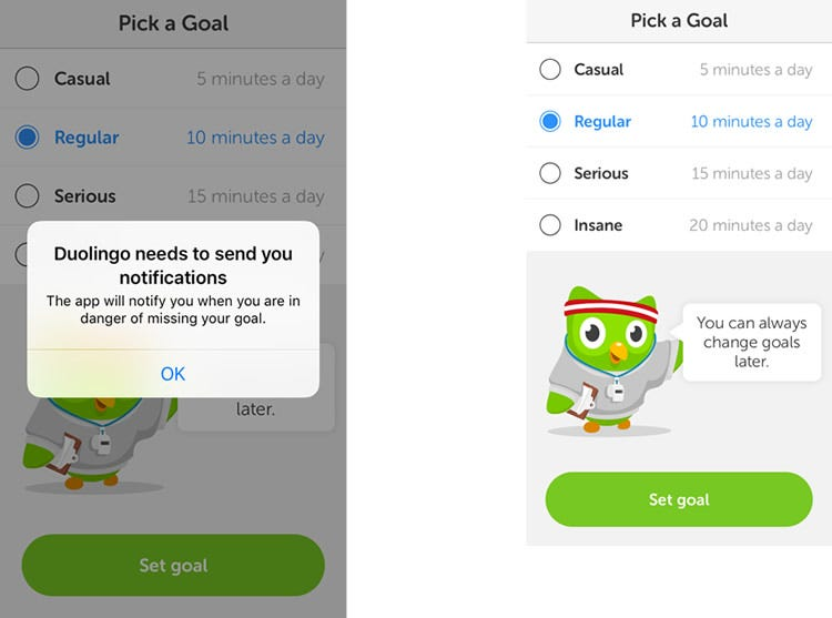 Duolingo uses friendly, encouraging messages to motivate users and sustain learning goals.