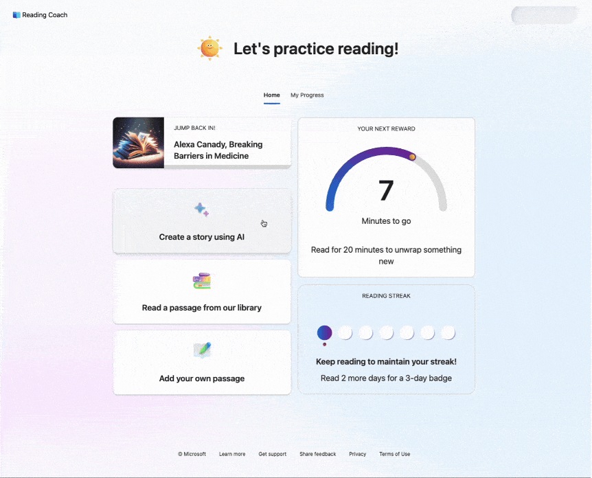 Reading Coach dashboard showing progress, streaks, and reading tasks.