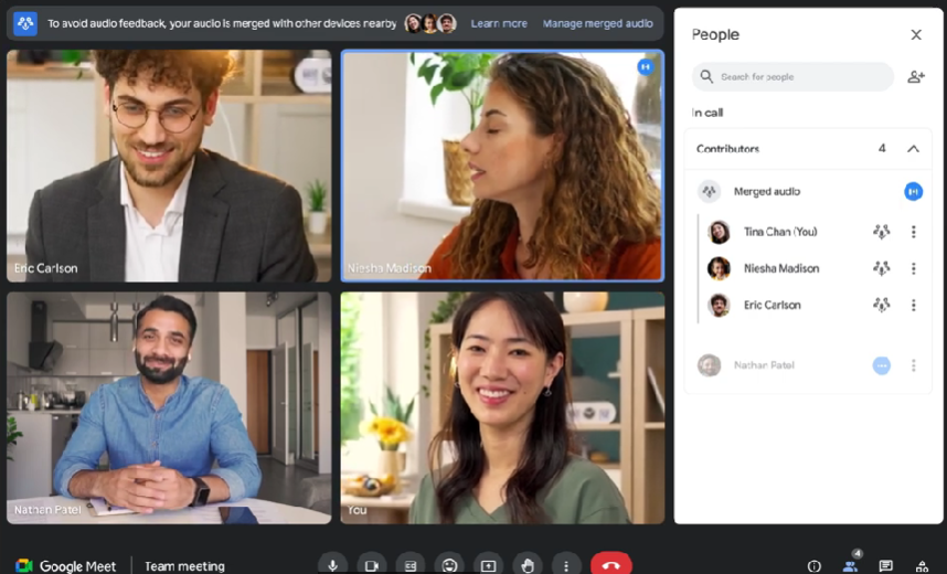 Google Meet video call with Adaptive Sound UI.