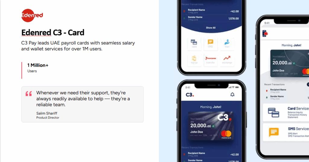 C3Pay mobile wallet showing payment and card services
