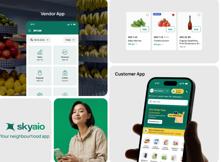 SkyAIO hyperlocal grocery app interface by Aufait UX
