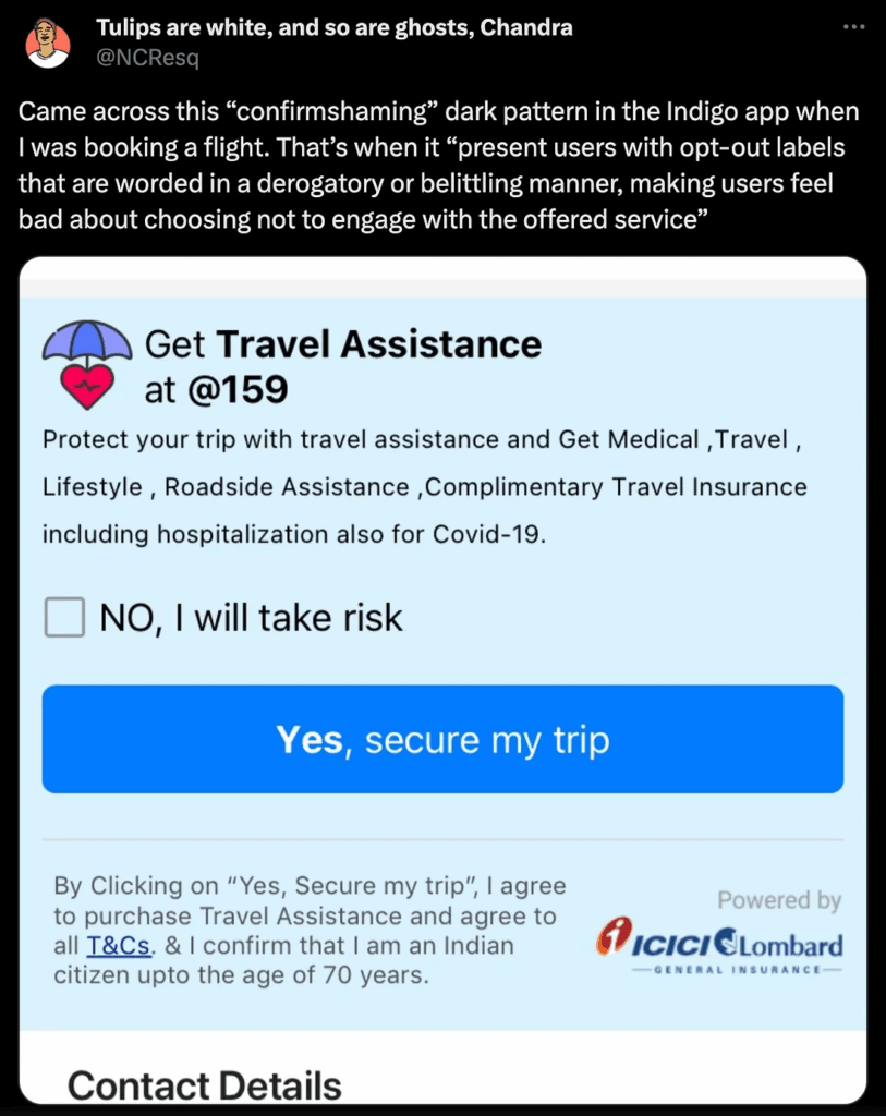 IndiGo app dark pattern example, showing confirm shaming UI where the opt-out button reads "No, I will take risk" to manipulate airline passengers.