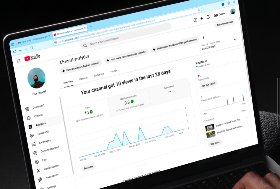 YouTube Studio analytics dashboard showing channel views, watch time, and subscribers