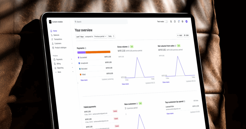 Stripe dashboard displaying payments, revenue, and customer metrics with live charts and detailed transaction breakdowns