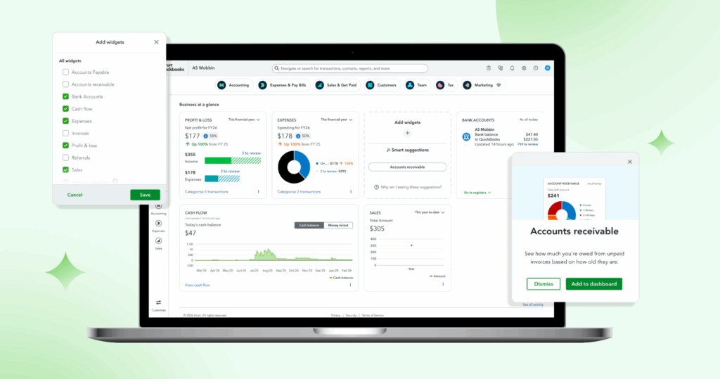 QuickBooks dashboard showing profit, cash flow, expenses, and account balances with customizable widgets