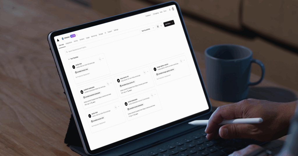 Vercel dashboard showing project cards with deployment status, Git branch, and production URL