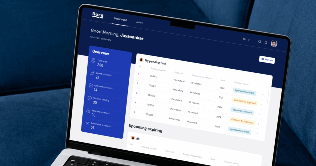 Roca contract management dashboard showing stress-free, clear, and always up to date