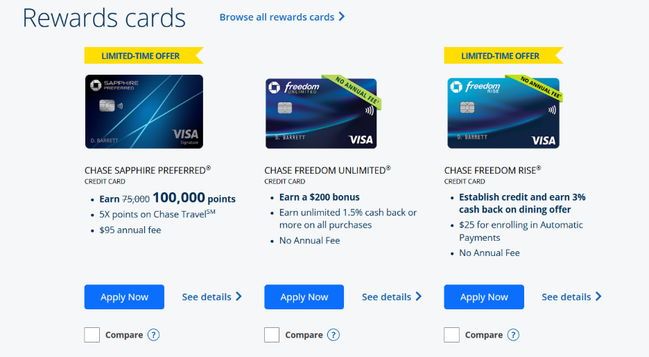 Chase bank application card layout
