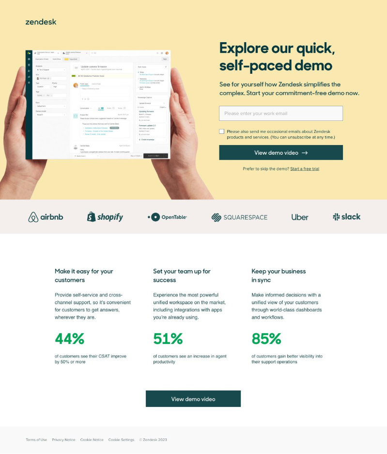 Zendesk’s demo landing page CTA placement