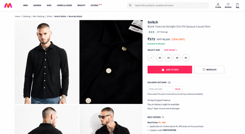 CTA button placement in Myntra's product details pages