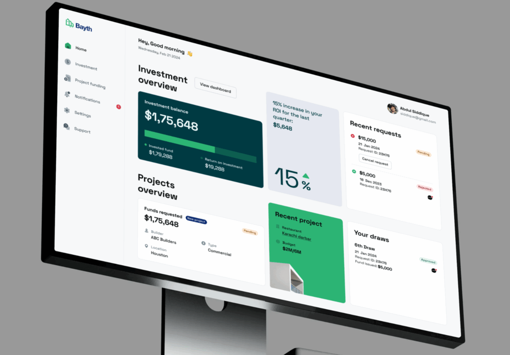 Bayth real estate investment dashboard showing investment balance, ROI, recent funding requests, and project overview in a clear, prioritized layout.