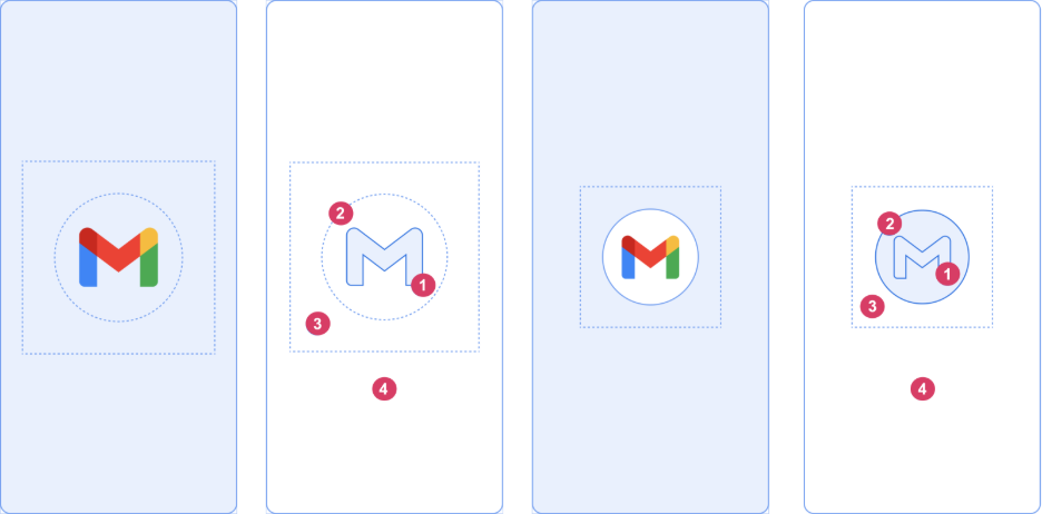 A technical layout diagram illustrating the Android Splash Screen API specifications, dimensions, and circular icon safe zones.
