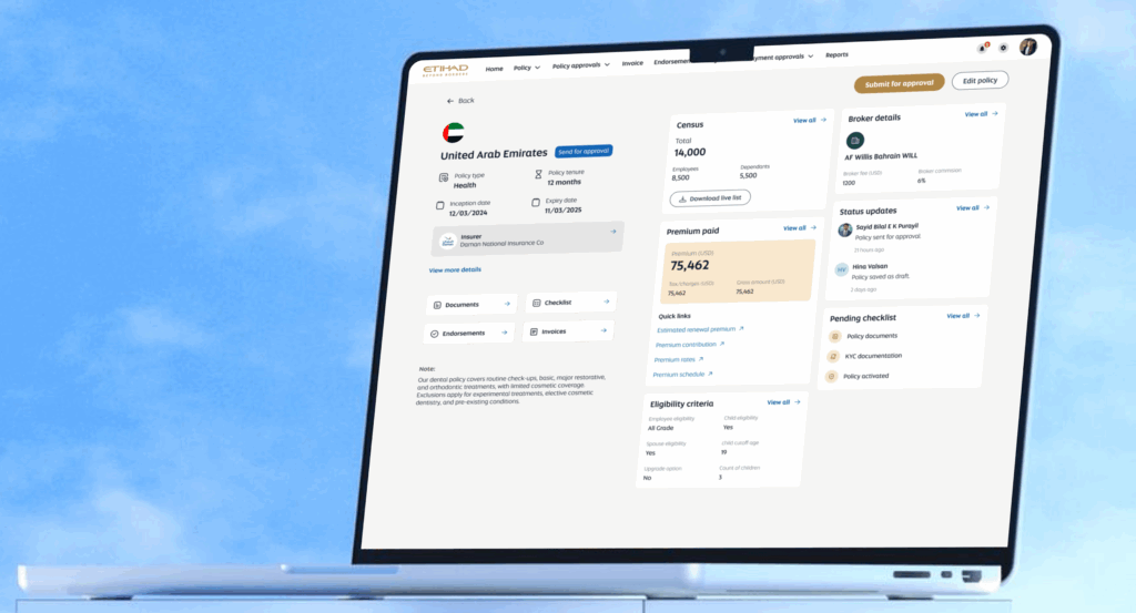 Etihad insurance dashboard showing policy details and status