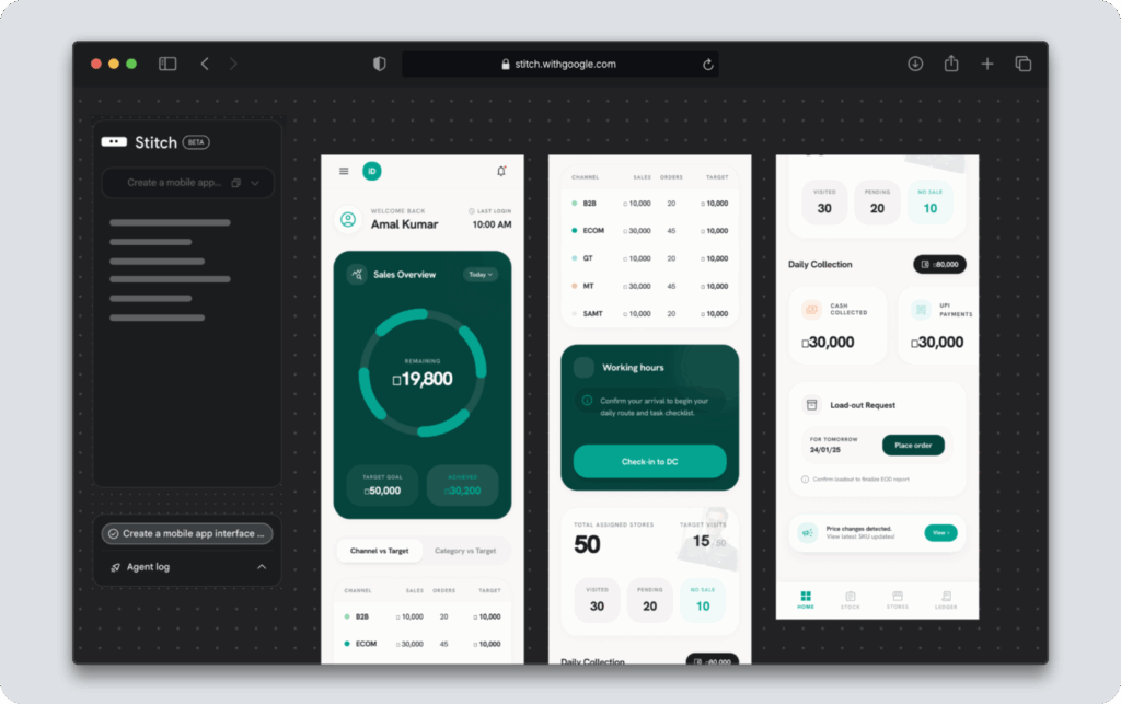 Google Stitch generating a mobile sales dashboard UI