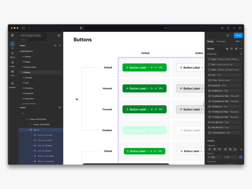Figma design system showing reusable button components