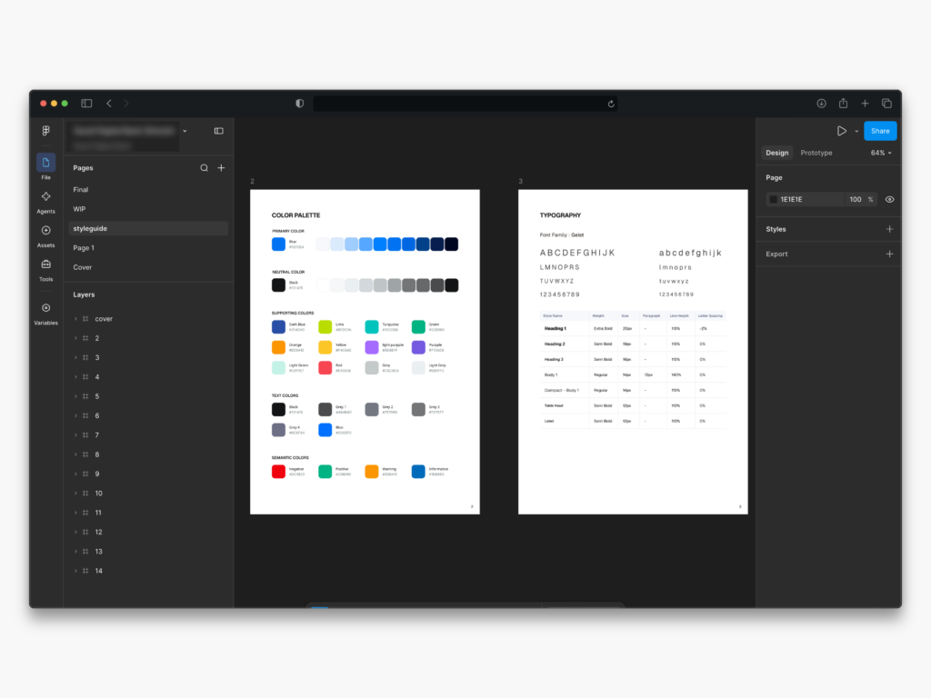 Figma style guide displaying brand color palettes and typography styles, illustrating the visual foundations of a UI design system.