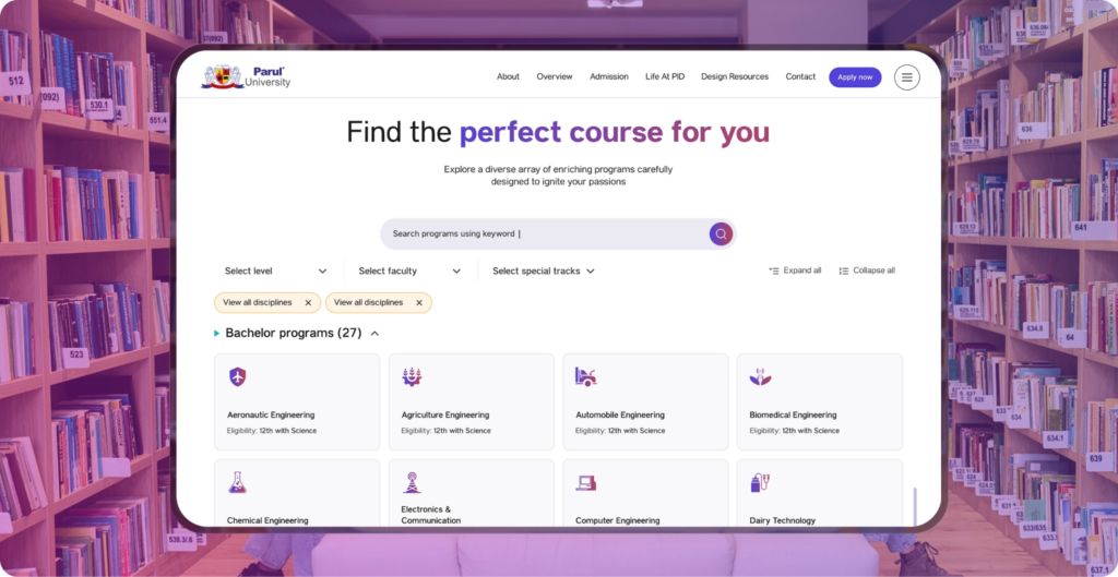 Parul University course finder with filters and categories